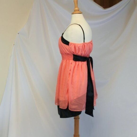 Coral Pink and Black Chiffon Party Dress - Picture 3 of 4